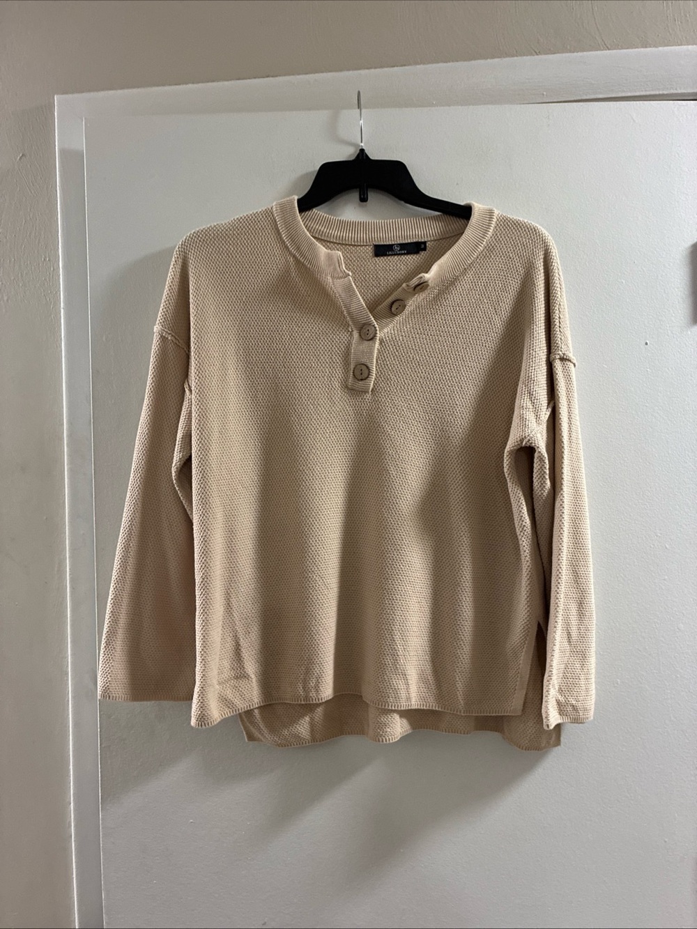 Waffle-Knit Button V-Neck Sweater - Cream